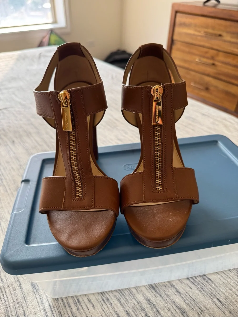 Michael Kors Brown Leather T-Strap Platform Heels with Gold Zipper